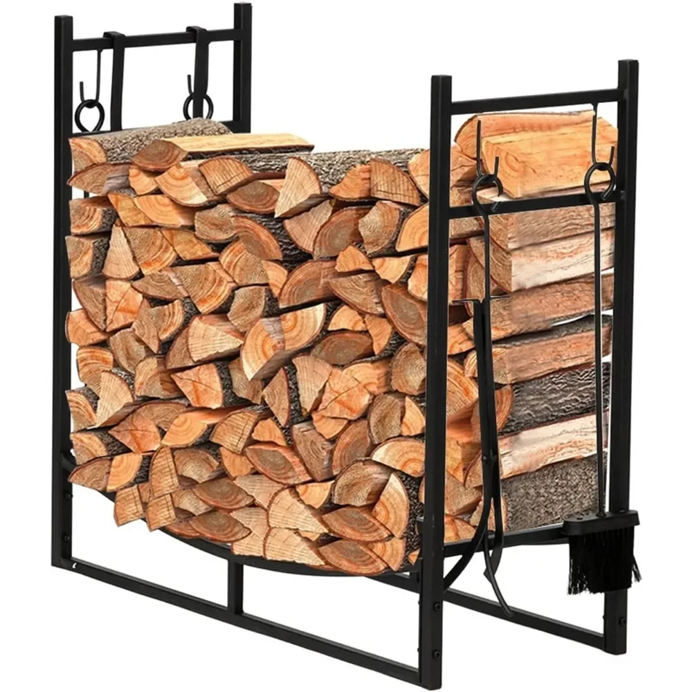 firewood Log Rack Indoor Outdoor Wrought Iron Fireplace Firewood Stand 43. 5 Inch Long Black Sand Grain Matte Rectangle