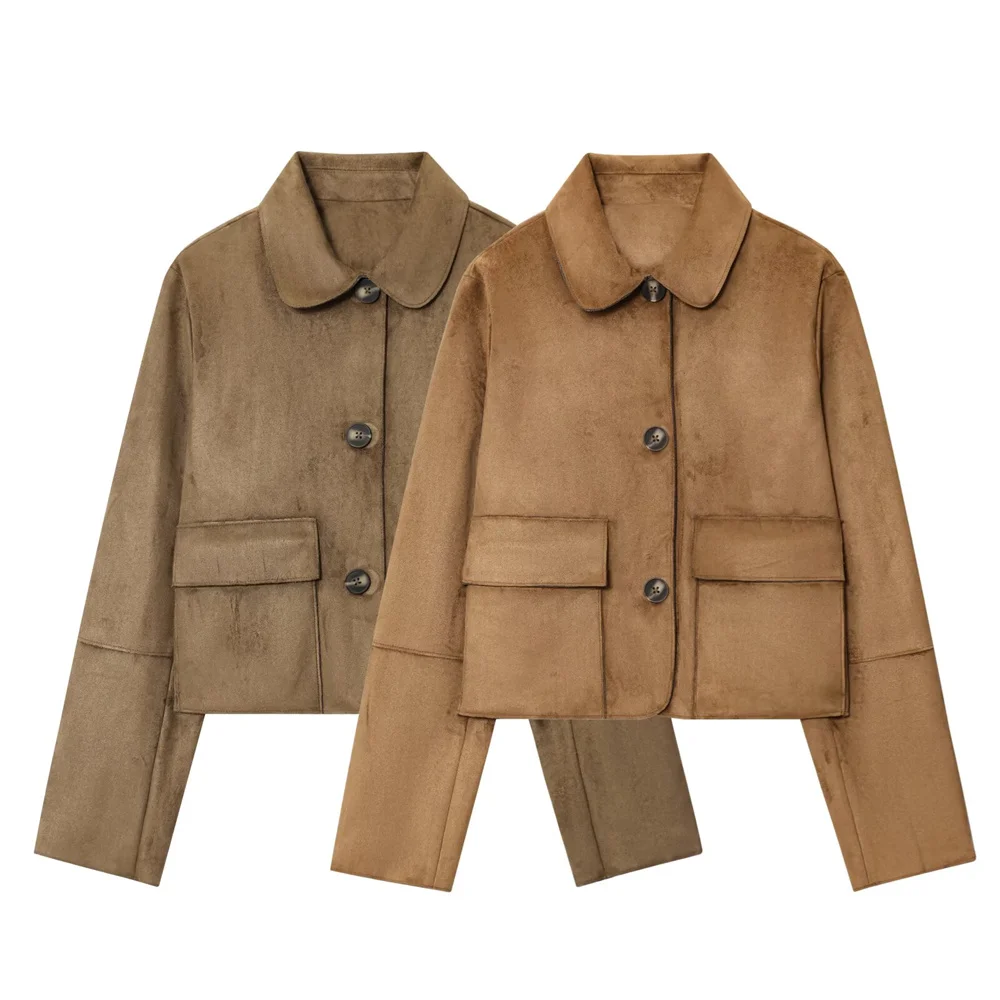 

Новая женская американская универсальная однобортная короткая куртка с воротником и длинными рукавами с эффектом бархата, пальто