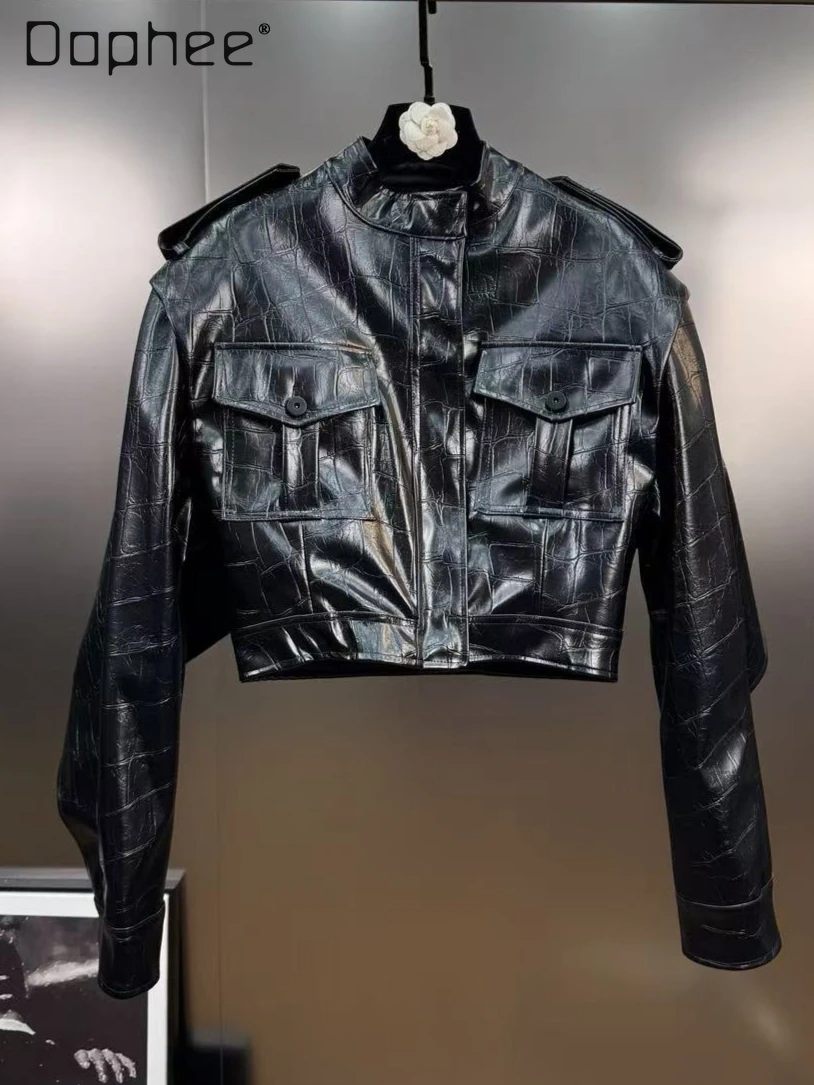 

Французская ретро воротник-стойка с длинным рукавом, искусственная двухсекционная блестящая кожаная куртка из искусственной кожи, уличный мотоциклетный стиль, короткие куртки для горячих девушек