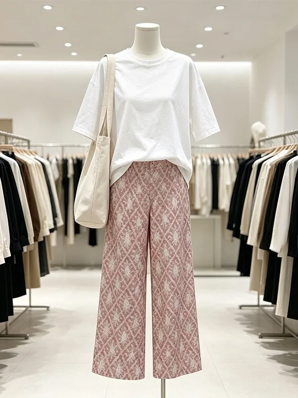 

Loose Women's Summer New Style plus Size Set Long Pants Diamond Print Half Sleeve Top And Bottoms High Waist Commute Style