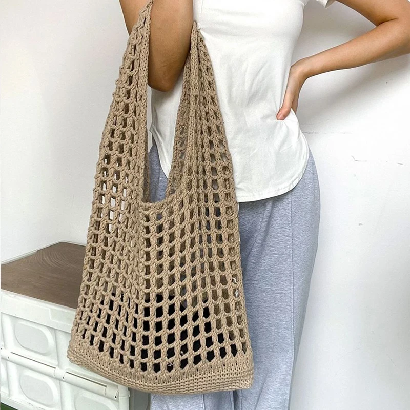 Fashion Crochet Bags For Women Summer Beach Tote Bag Raffia Aesthetic Knitted Handbag Bohemian Hollow Shoulder Bag Shopping Bag