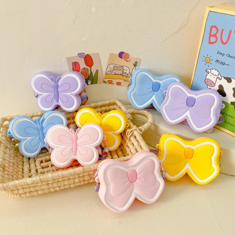 Kids Silicone Small Soft Bag New Fashion Butterfly/Bow Shoulder Crossbody Bag Girls Outdoor Popular Cute Princess Bag Coin Purse