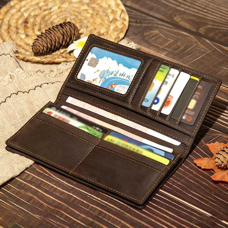 Men's Genuine Leather Long Wallet Business Card Holder First Layer Cowhide Vintage Portable Male Purse Wholesale
