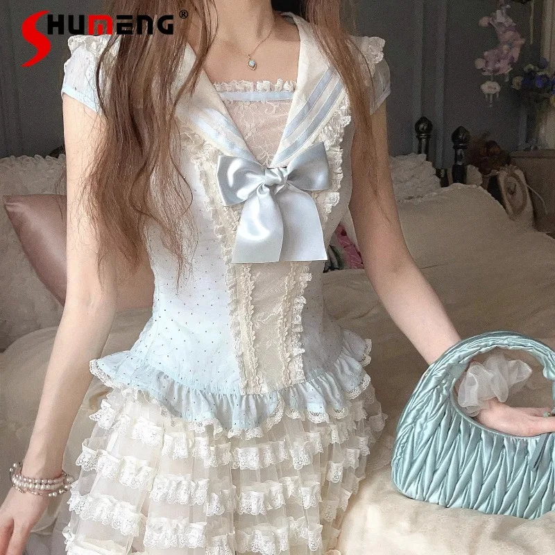 

2025 Summer New Japanese Style Sailor Collar Flash Diamond Navy Chiffon Shirt Y2k Kawaii Short Sleeves Pullover Women's Clothing