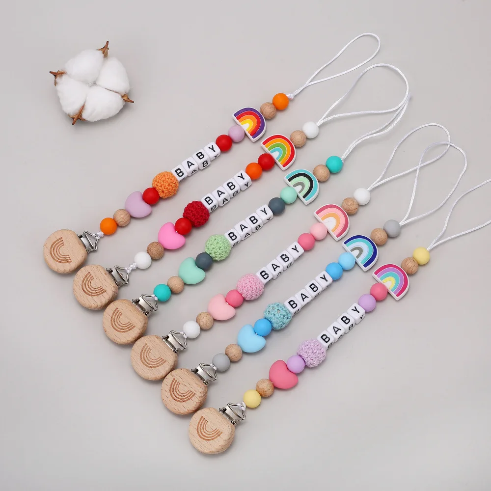 

Baby Pacifiers Clips Personalized Name BPA Free Rainbow Wooden Silicone Dummy Nipples Holder Clip Chain Teething Toy Accessories