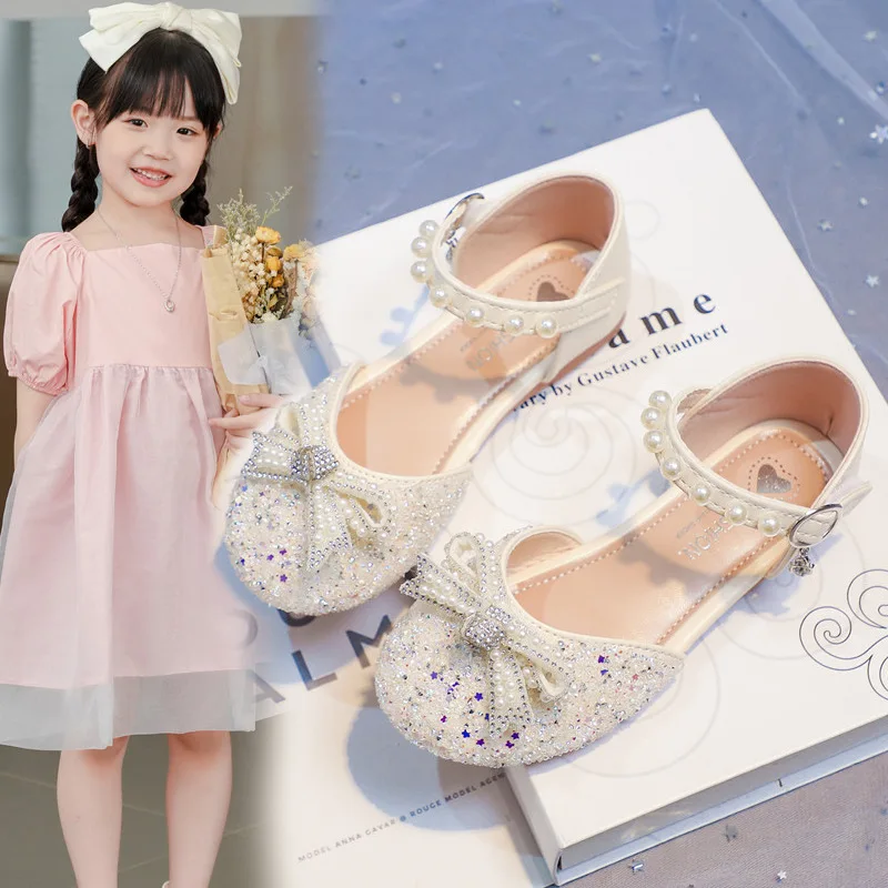 

Туфли принцессы для маленьких девочек, детские сандалии с блестками и жемчугом, нескользящая детская обувь, элегантная обувь для выступлений на свадьбу и вечеринке