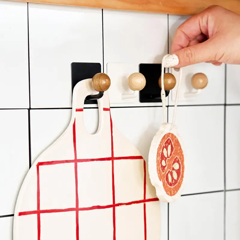 Bamboo white wooden ball hook, no punching, strong load-bearing, traceless sticky hook, kitchen door back coat hook, coat hook