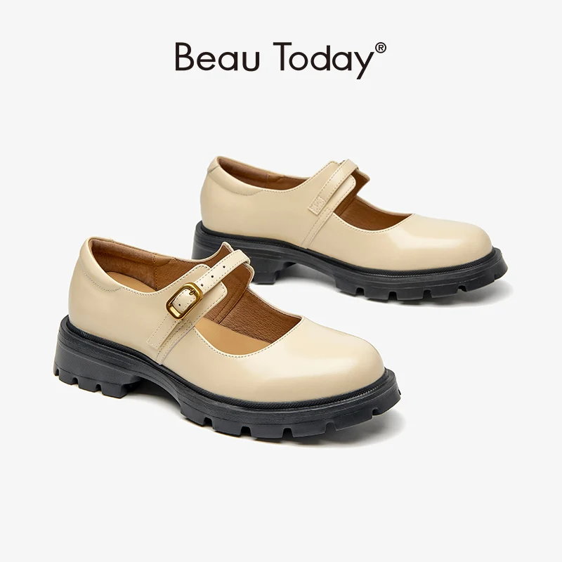 BeauToday Lolita Shoes Platform Women Genuine Cow Leather Mary Janes Round Toe Buckle Strap Ladies Casual Flats Handmade 28465