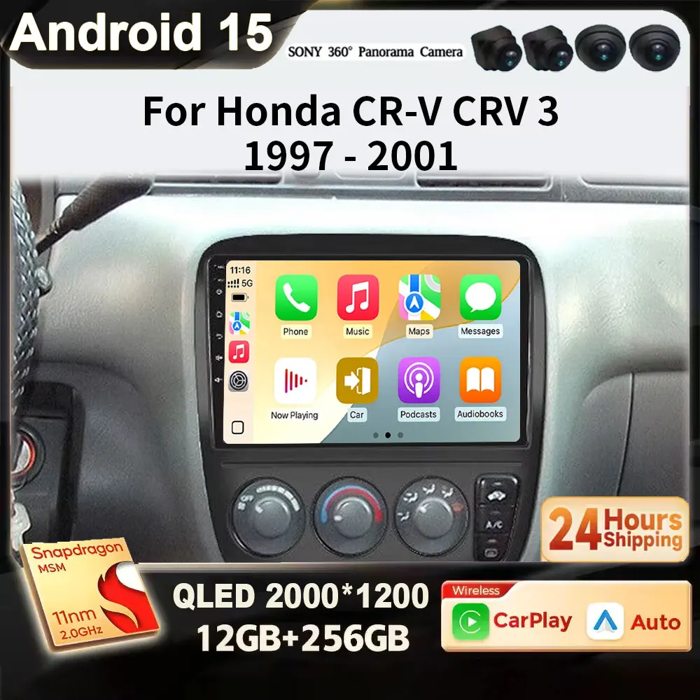 Para honda crv CR-V 3 1995-2001 android 15 2k qled rádio do carro reprodutor de vídeo multimídia navegação gps carplay 5g wifi bt dsp gps