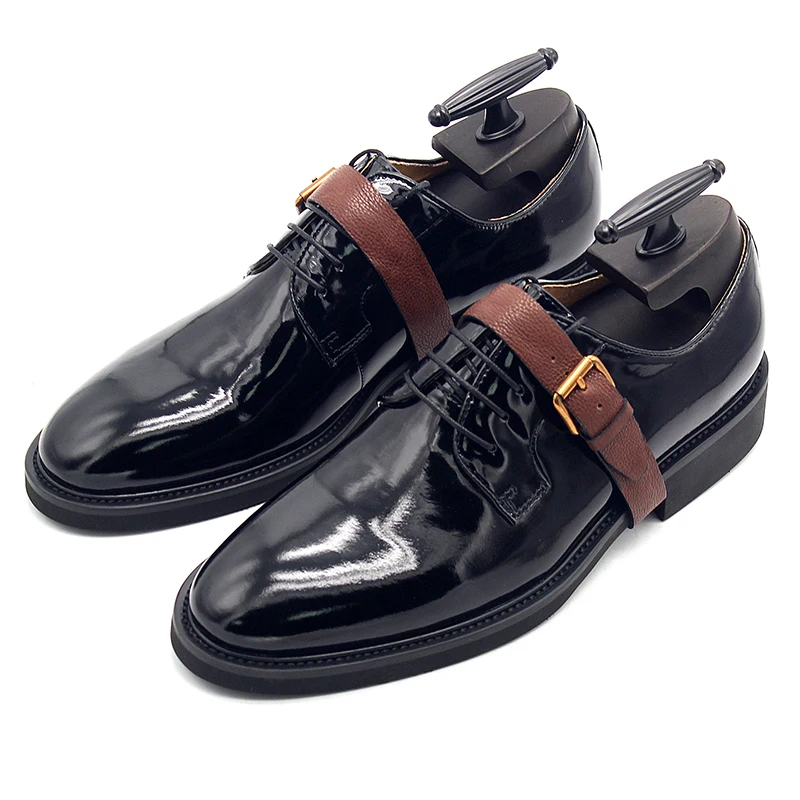 

Spring/Summer New Derby Dress Belt Bright Black Cowhide Elevated Shoes Square Heel Flat Bottom Banquet Versatile Large Men Shoes