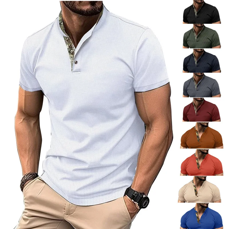 Men's Double-Layer Stand Collar Shirt, Short Sleeve Sports Shirt, Autumn and Winter, GZMS-2024Waffle, New