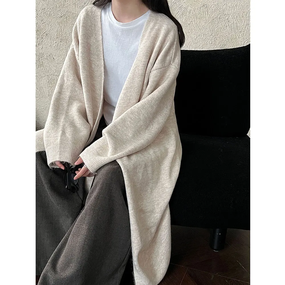 2025년 신상 여성 니트 롱 스웨터 코트 오픈 스티치 브이넥 긴팔 가디건 가을 겨울 여성용 상의 스웨터