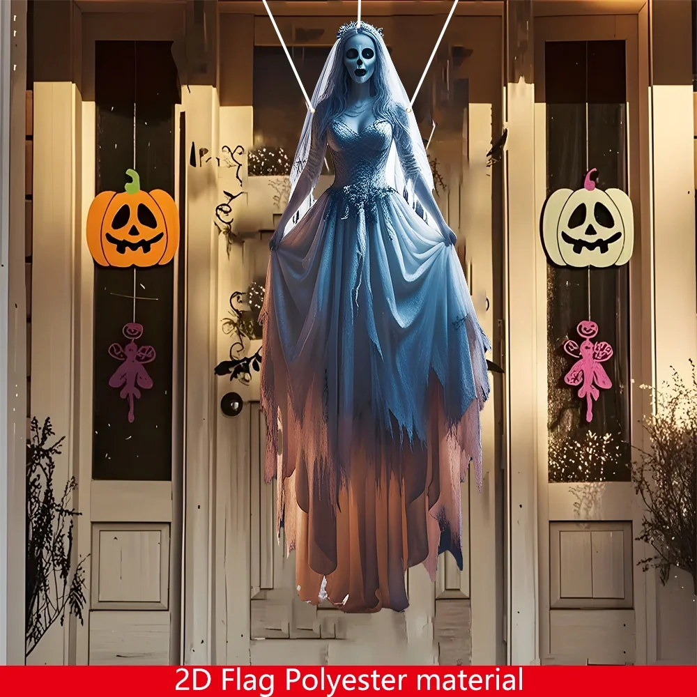 1 Stück Halloween-Skelett-Braut-Hängeflagge – Outdoor-/Indoor-Gothic-Dekoration, gruselige Braut mit Fledermäusen und Jack-O-Lanterns-Design – Detail 1
