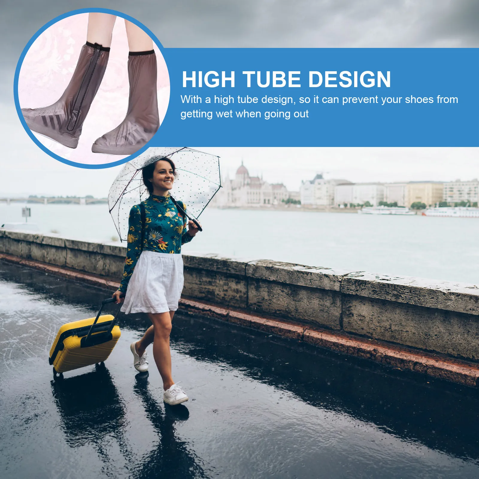 1Pair PVC Rainproof Shoe Covers High Tube Waterproof Overshoes Zipper Closure Non-Slip Shoe Protector Foldable for Outdoor