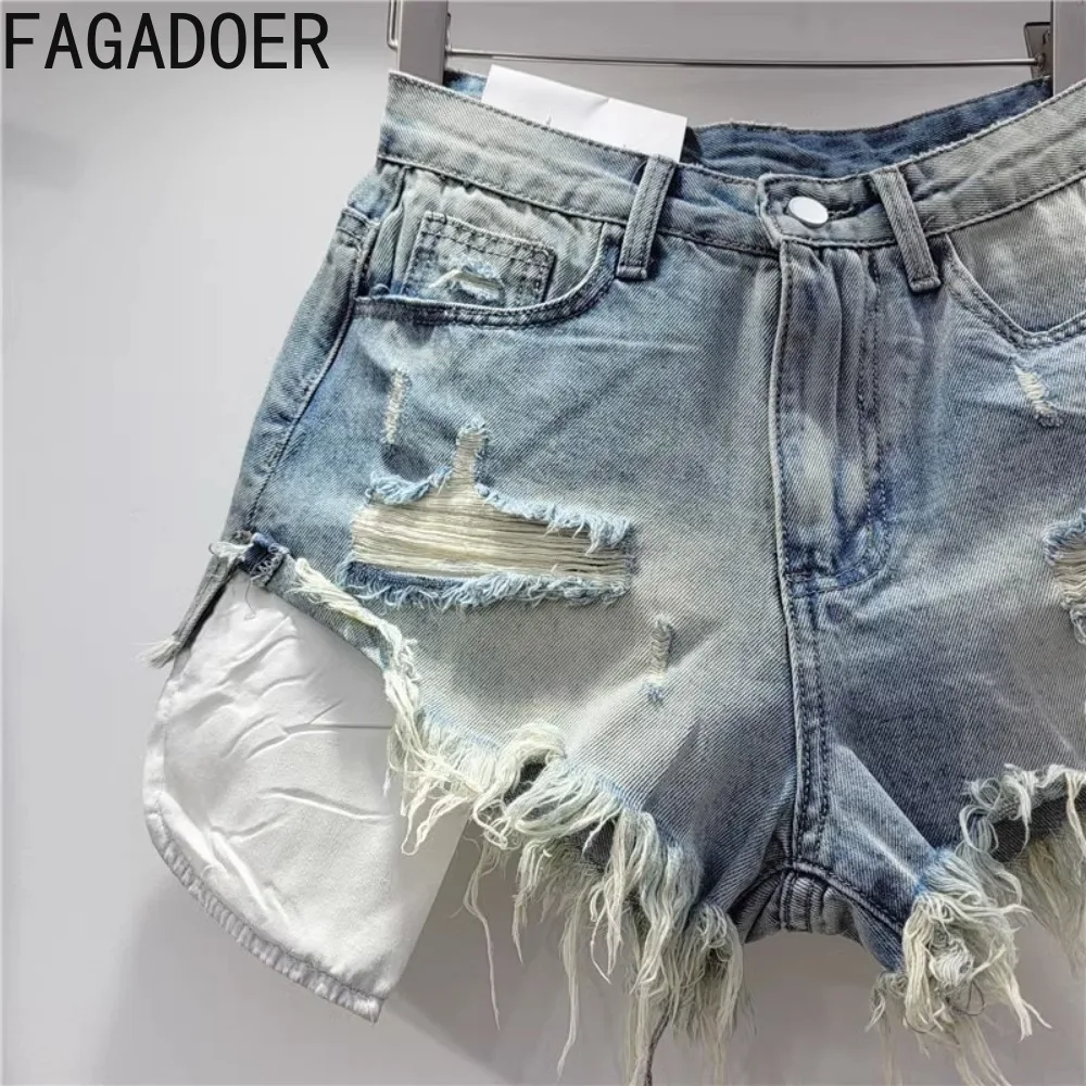 FAGADOER Fashion New Y2K Hole Denim Shorts Women High Waisted Button Hot Girl Jean Casual Female Solid Pocket Bottoms Clothing