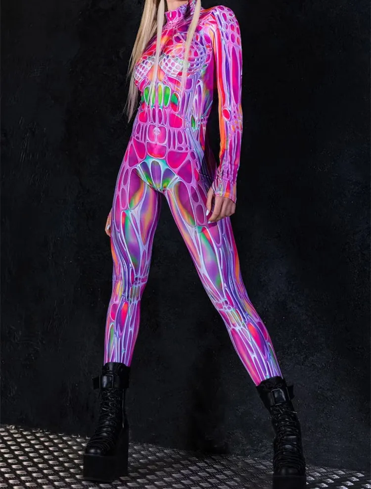 

2023 New Halloween 3D Digital Multicolour Printing Holiday Women Kids Cosplay Rainbow Sexy Skinny Jumpsuit Costume Bodysuits