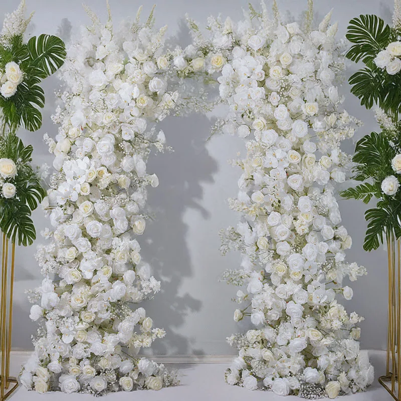 

180CM White Oxhorn Floral Art Ideal for Wedding Stage Backgrounds with Lifelike White Phalaenopsis Roses and Ram's Horn Flowers