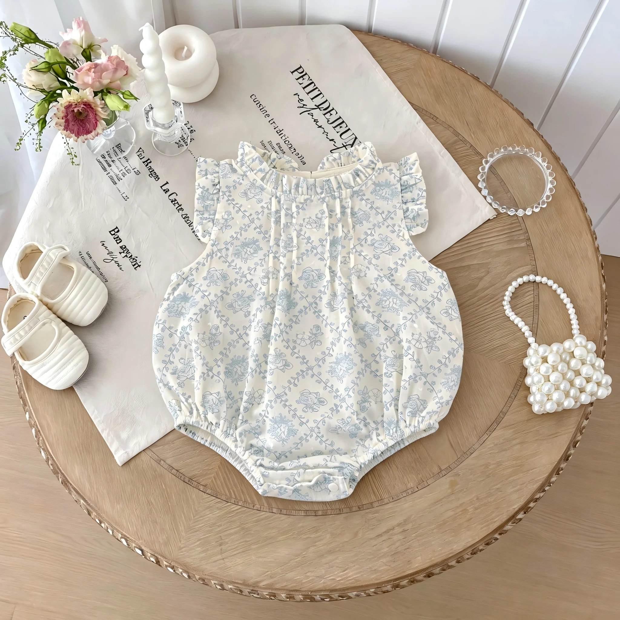 Sommerliches Baby-Einteiler-Kleid für Mädchen im neuen Stil, trendiger Spitzen-Blumen-Prinzessinnen-Strampler mit Rüschenbesatz – Detail 1