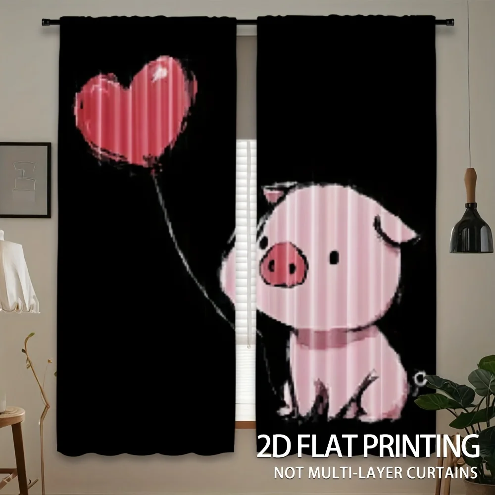 Set of 2 Polyester Curtains Featuring an Adorable Pig And Heart Balloon Design Designed with a Rod Pocket These Light-Filtering