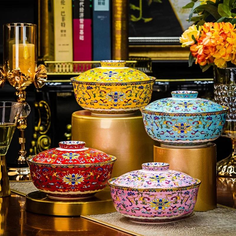 

Керамическая суповая миска из костяного фарфора с золотым ободком Jingdezhen, для домашнего использования, с крышкой, для лапши, для студентов, общежитий, рабочих