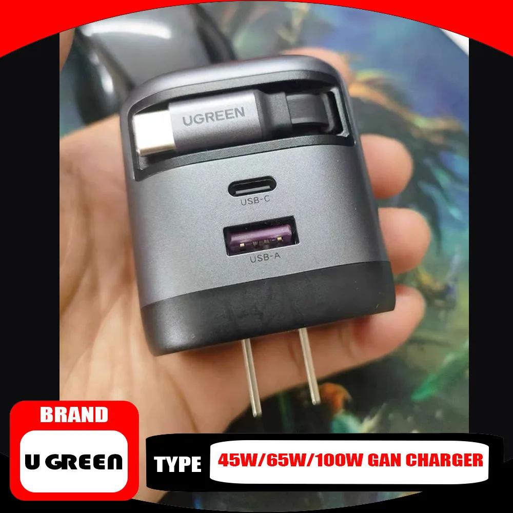 UGREEN 45W/65W/100W GaN‌ Charger Retractable Cable Multi-Port PD40W Type-C Fast Charger Charging Head Accessories
