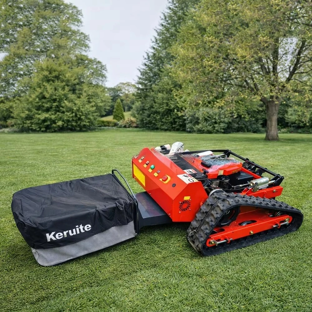 Rubber crawler remote control lawn mower with large capacity grass collector for steep slopes and garden maintenance