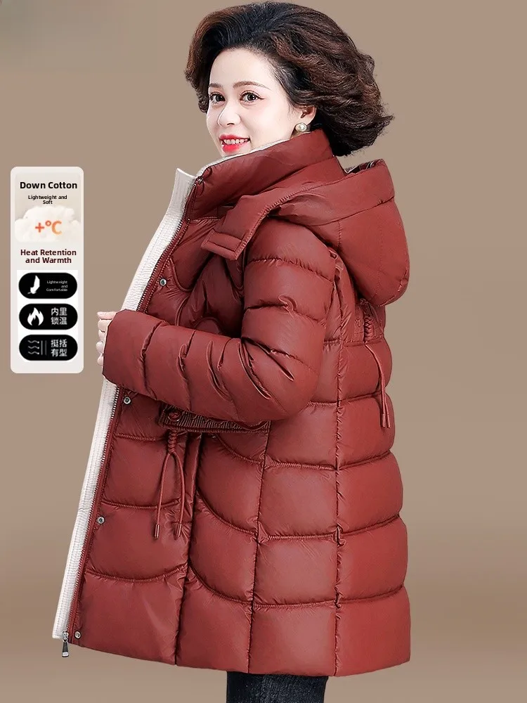 

Winter Faion Women's down Cotton Jaet Mid-Length Warmth Outerwear for Middle-Aged And ly Polyester Fiber Hooded Zipp...