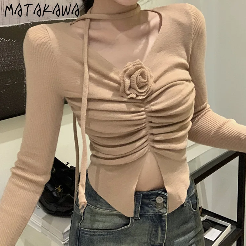 Matakawa Y2k Short Pullovers Autumn Winter Vintage Sexy Solid Women Sweaters Korean Fashion V Neck Elegant Pull Femme Tops