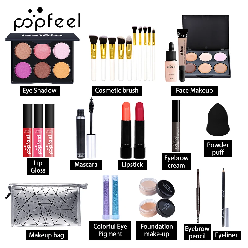 ALL IN ONE Full Professional Cosmetics Makeup kit(eyeshadow, lip gloss,lipstick,makeup brushes,eyebrow,concealer)withbag