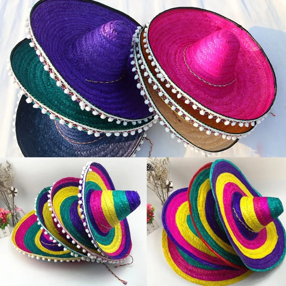 Mexikanischer Partyhut, bunte Strohhüte mit breiter Krempe, für Männer und Frauen, Sommer, Outdoor, Sonnenhut, Sombrero, Halloween-Party-Dekoration