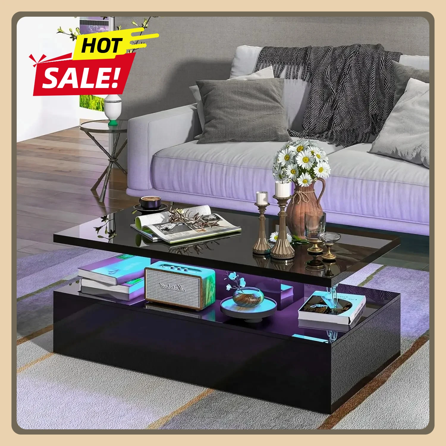 LED Coffee Table, Modern High Gloss Coffee Table, Adjustable Speed & Brightness w/ 20-Color LED Lights, Remote Control