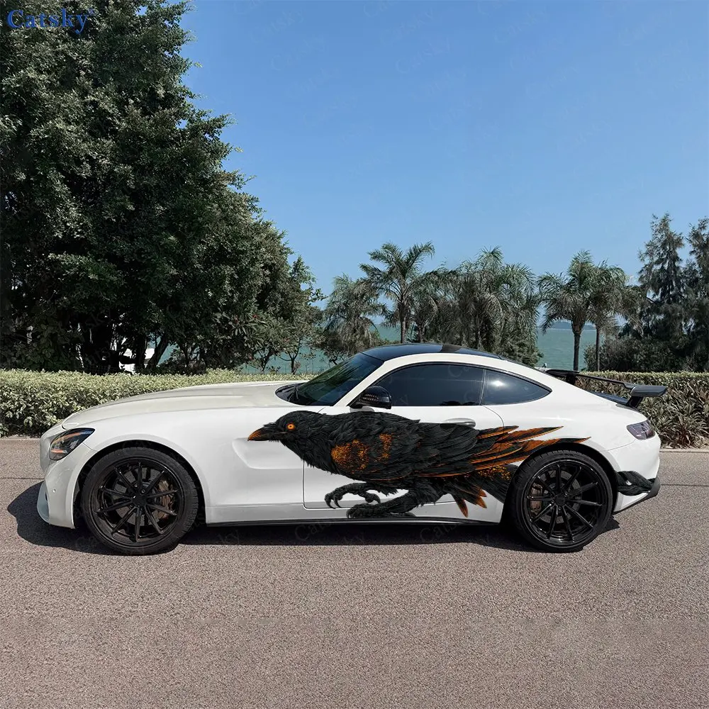 2pcs Black Feather Flame Raven Car Side Wraps, Self-Adhesive PVC Waterproof & Scratch-Resistant Stickers, Car Accessory Gift