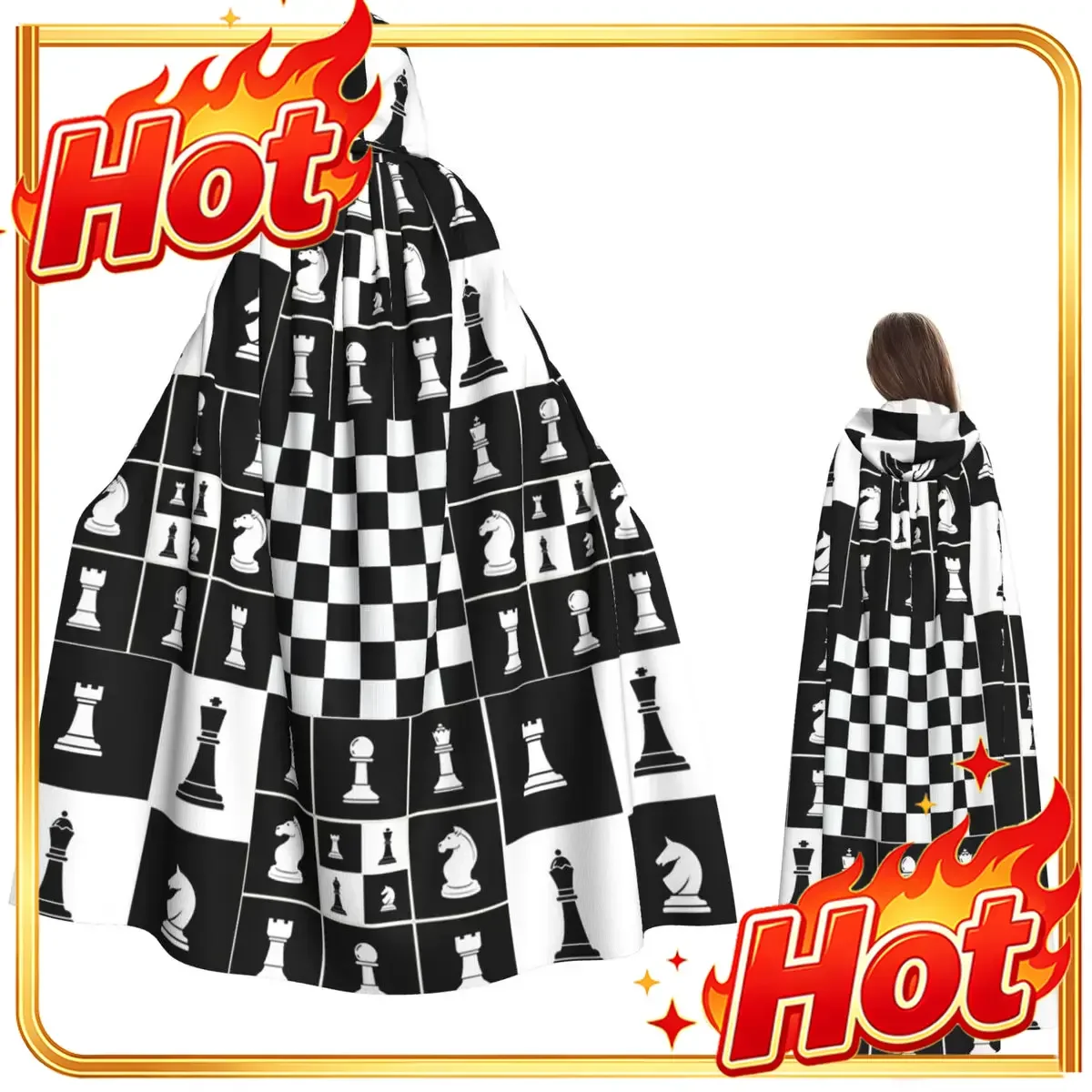 Chess Pieces On Board Chessboard Long Hooded Cloak Witch Medieval Costume Cosplay Cape HalloweenParty Adult Unisex