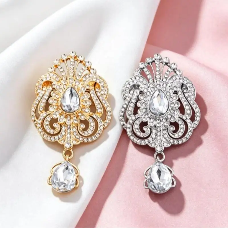 Vintage Rhinestone Brooch Teardrop Crystal Hollow Design For Wedding Party Formal Outfit Decor