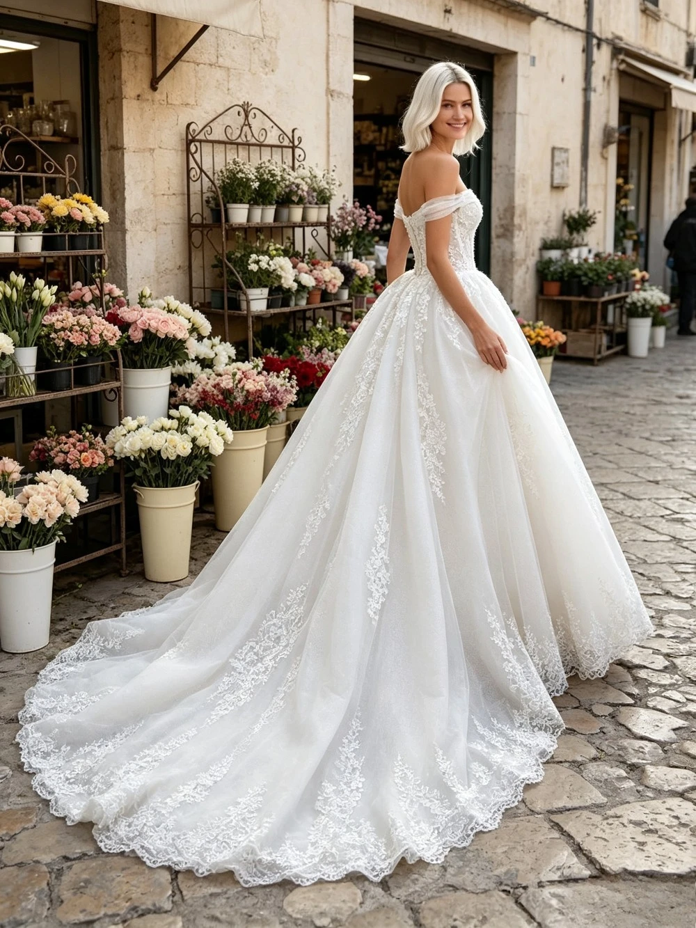 Customized Lace Off Shoulder Strapless Long Tailed Wedding Dresses for 2026 New Elegant Princess Fluffy Ruffled Hem Bridal Gown