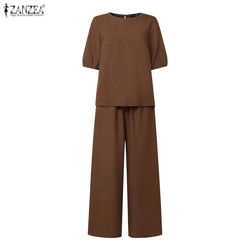 2026 ZANZEA Modische Damen-Hosensets Kurzarm-Tops und Weite Hosen Sommer Streetwear Passende Sets Einfarbige 2-teilige Elegante Sets