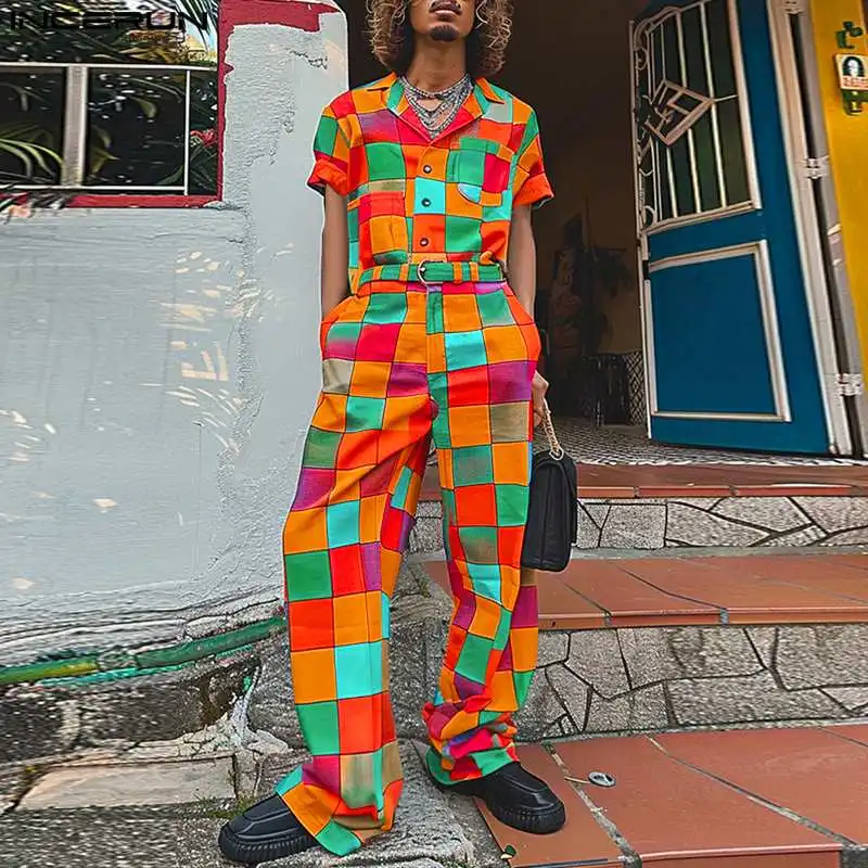 

INCERUN 2024 American Style Bodysuits New Men's Personality Colored Block Jumpsuit Casual Streetwear Short Sleeved Rompers S-5XL