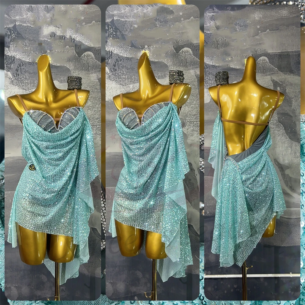 Sukienka do tańca latynoamerykańskiego dla dorosłych i dzieci, zdobiona kamieniami AB, ekskluzywna, szyta na miarę, niebieska, cekinowa, na ramiączkach, precyzyjnie dopasowana, damska odzież do tanga.