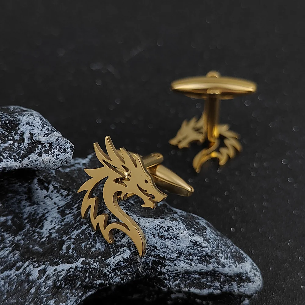 Men's Vintage Cuff Links Quality Stainless Steel Material Golden Color Chinese Dragon Design Cufflinks Wholesale & Retail