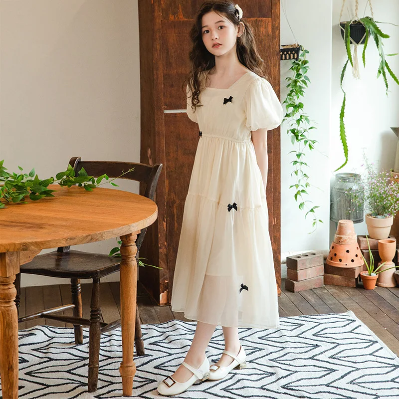 

Новинка 2023 года, летнее кружевное платье принцессы с квадратным воротником для девочек, сетка с V-образным вырезом, высокое многослойное платье с бантом, хлопок, 8, 9, 10, 11, 12 лет