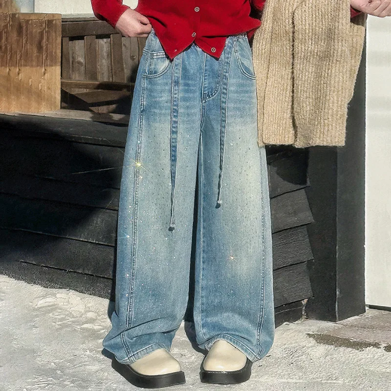 

Джинсы прямого кроя для девочек, весна 2026, с изогнутым кроем и стразами, широкие джинсовые брюки, повседневные брюки для подростков, молодежные уличные штаны