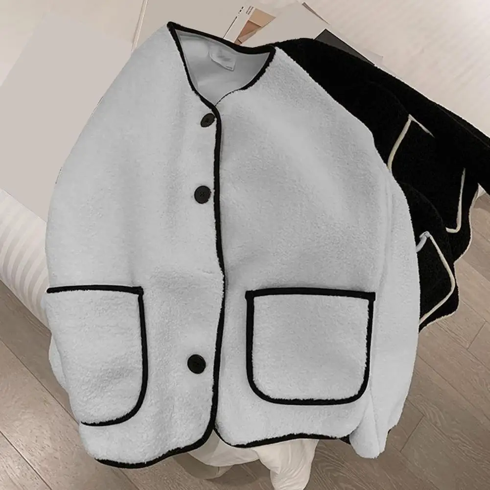 

Women Woolen Coat Elegant French Style Single-breasted Cardigan Coat Contrast Color Pockets OL Styel Winter Coat Short Jacket