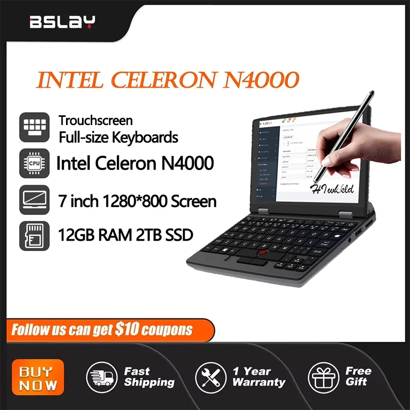 Mini Laptop 7inch Intel Celeron N4000 HD Camera Trouchscreen DDR4 HDMI Window11 12GB RAM 2TB SSD Portable Metal Notebook PC