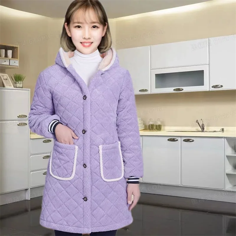 Autumn Winter New Overwear Thickened Velvet Lnsulated Women's Outer Wear Thick Coat Work Suit Button Hooded Style Stain Resistan