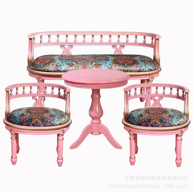 Elegant Pink Accent Furniture Set: Round Side Table + 2 Tufted Armchairs, Floral Fabric & Solid Wood Frame for Bedroom/Patio