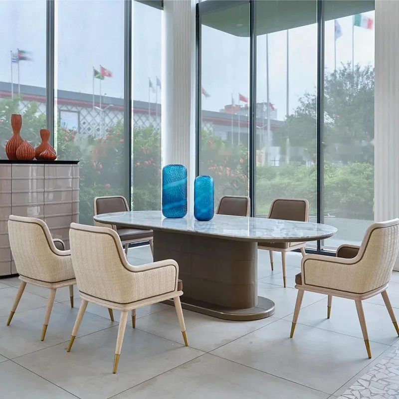 Italian light luxury model room restaurant Oval dining table and chairs Hong Kong style sales office Hotel leisure area Desk