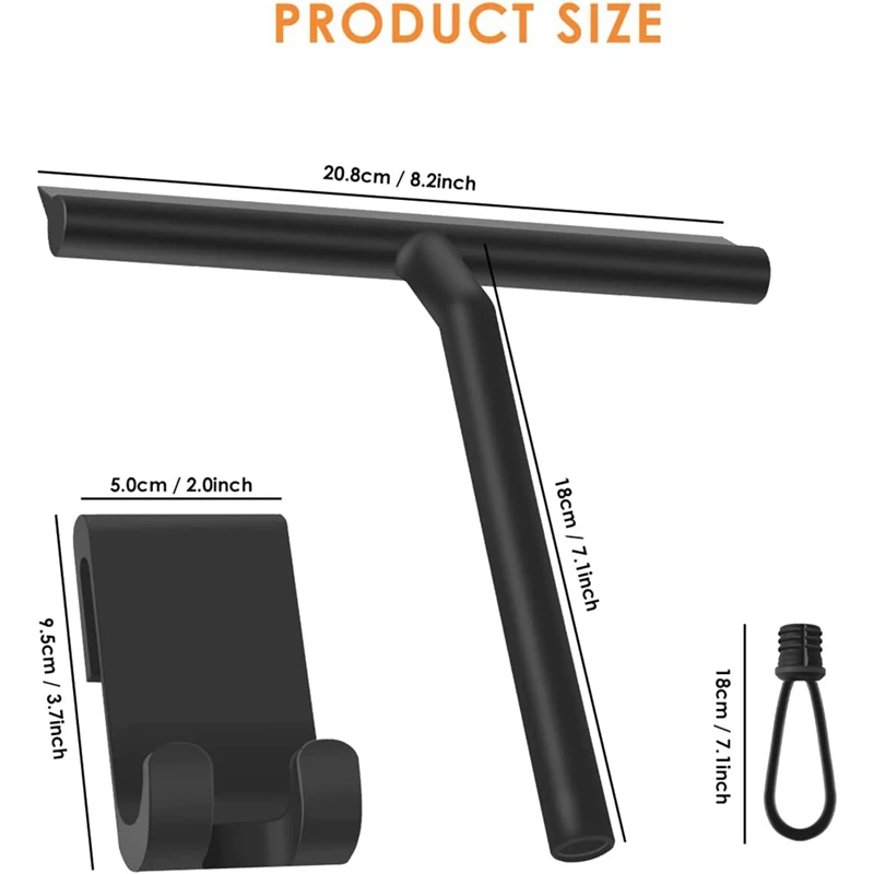 Silicone Shower Squeegee With Hook & Lanyard, Black Window Glass Scraper Multi Cleaner