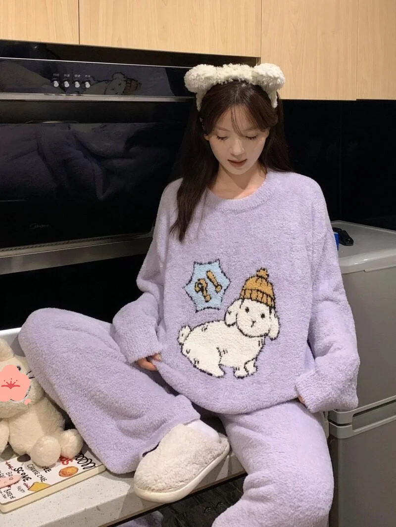 

Korean version Women's pajamas half-pile winter thicken plush purple Sleepwear puppy keep warm long sleeves homewear suit ﻿