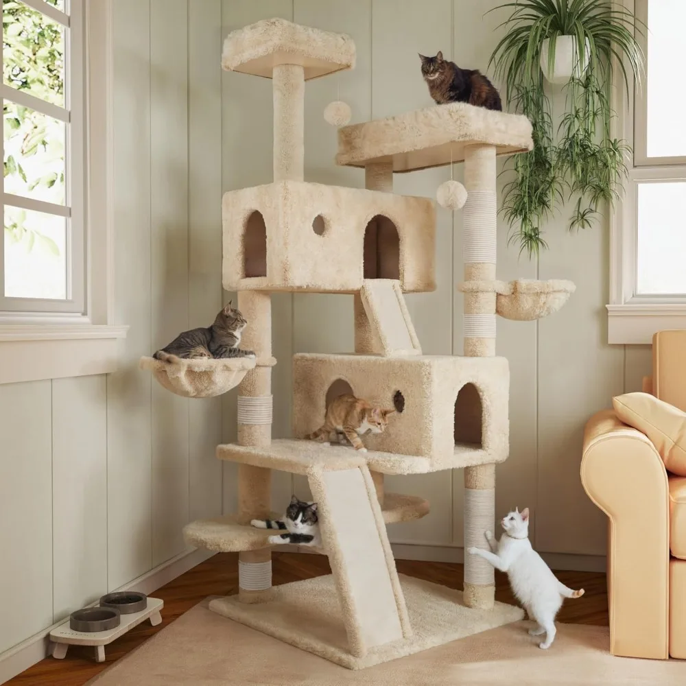 MUTICOR-torre de árbol para gatos grande de varios niveles, 66 pulgadas, para interior, grande, felino, perchas de felpa acogedoras, condominio, postes para rascar sal, hamaca