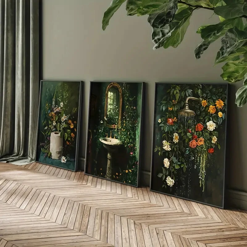 

3pcs/Set Retro Dark Green Shower Sink Toilet Paper Roll Floral Bathroom Wall Art Floral Modi Canvas Poster, Home Room Decoration